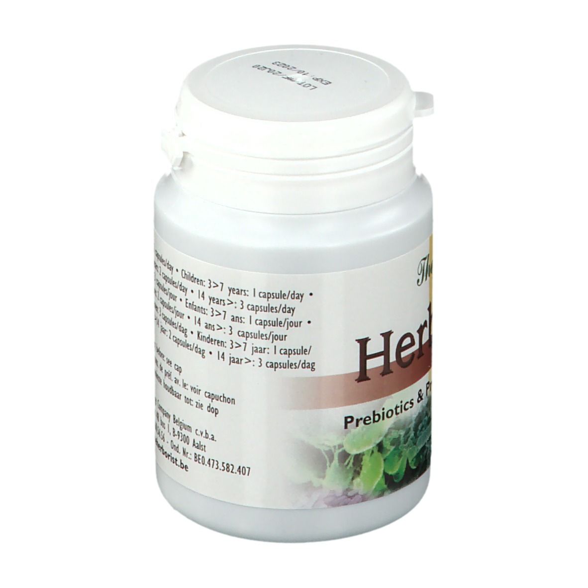 Witte fles Herborist Herbofidus. Achterkant met dosering. 33 g.