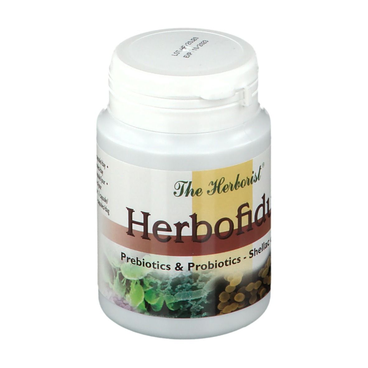 Witte fles Herborist Herbofidus. Opschrift: Prebiotics & Probiotics - Shellac coated.