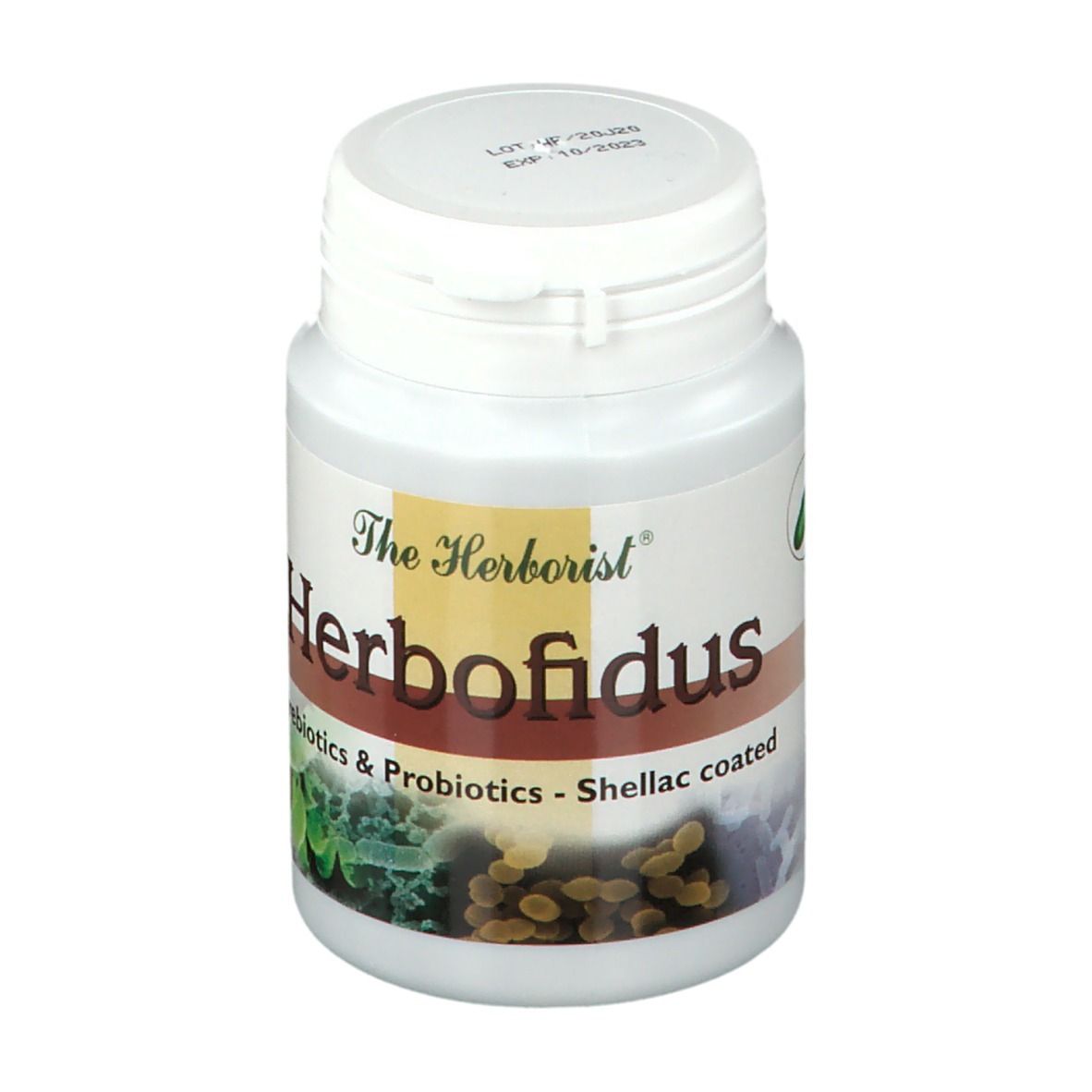 Witte fles Herborist Herbofidus. Opschrift: Prebiotics & Probiotics - Shellac coated.
