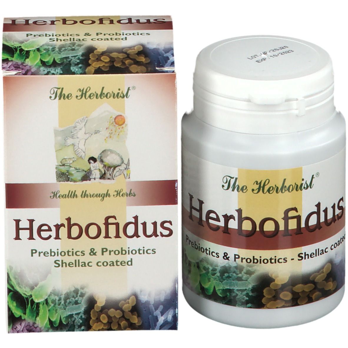 Fles en doos Herborist Herbofidus. Opschrift: Prebiotics & Probiotics - Shellac coated.