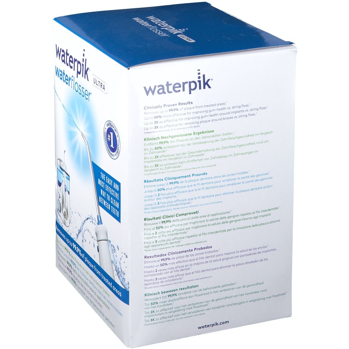 Achterkant van de Waterpik Ultra waterflosser verpakking. Bevat klinisch bewezen resultaten en andere productinformatie in meerdere talen.