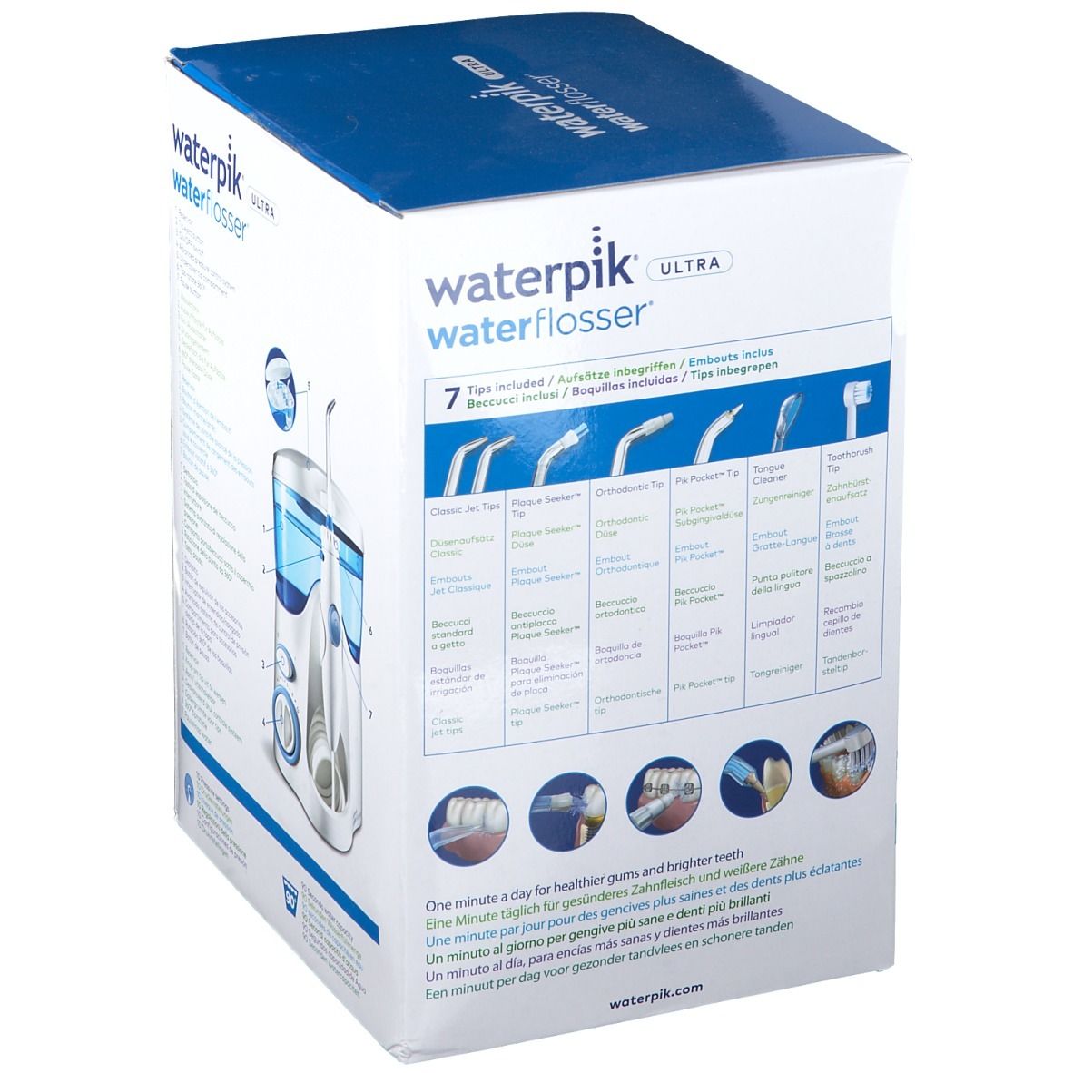 Zijkant van de Waterpik Ultra waterflosser verpakking. Toont 7 verschillende opzetstukken. Bevat tekst over gezonder tandvlees en wittere tanden.