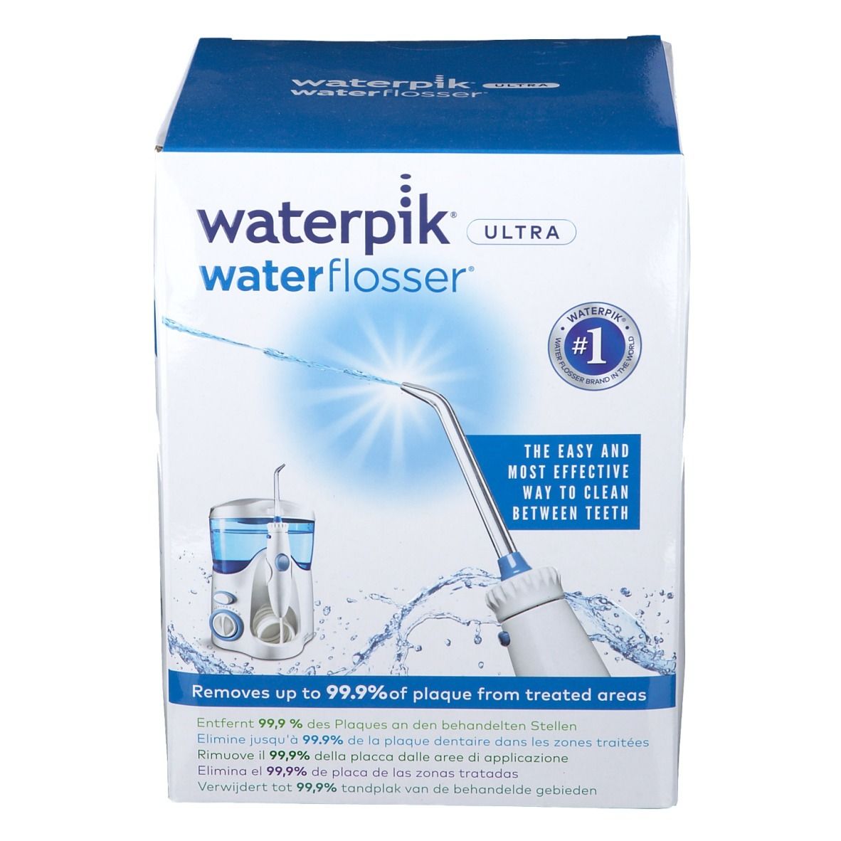 Voorkant van de Waterpik Ultra waterflosser verpakking. Blauw-witte doos met productafbeelding en tekst. Bevat informatie over het verwijderen van tandplak.