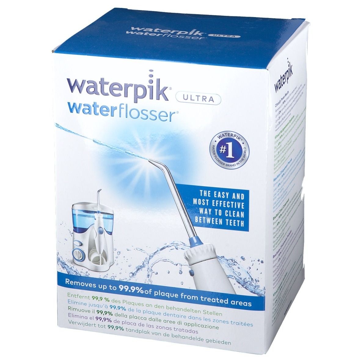 Voorkant van de Waterpik Ultra waterflosser verpakking. Blauw-witte doos met productafbeelding en tekst. Bevat informatie over het verwijderen van tandplak.