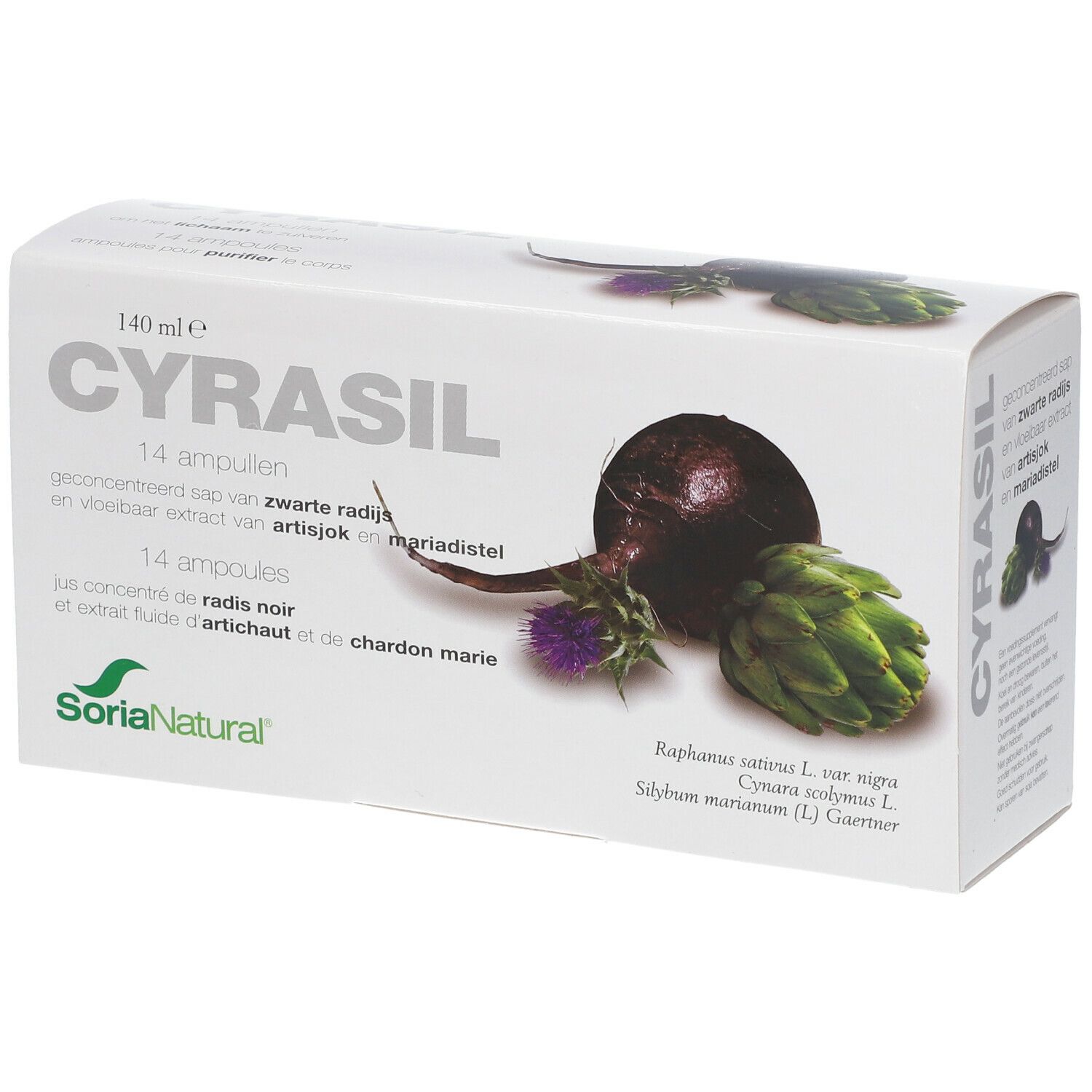 Boîte de Cyrasil avec 14 ampoules. Illustration de radis noir, artichaut et chardon-marie.