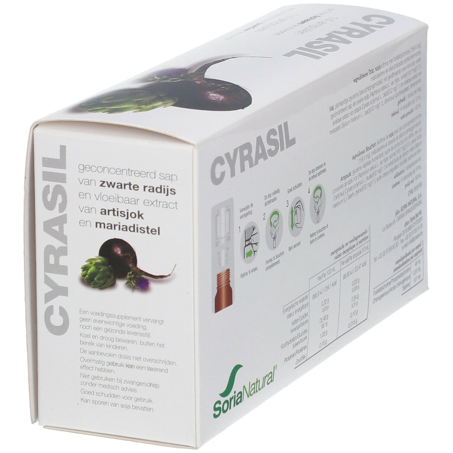 Boîte de Cyrasil avec 14 ampoules. Illustration de radis noir, artichaut et chardon-marie.