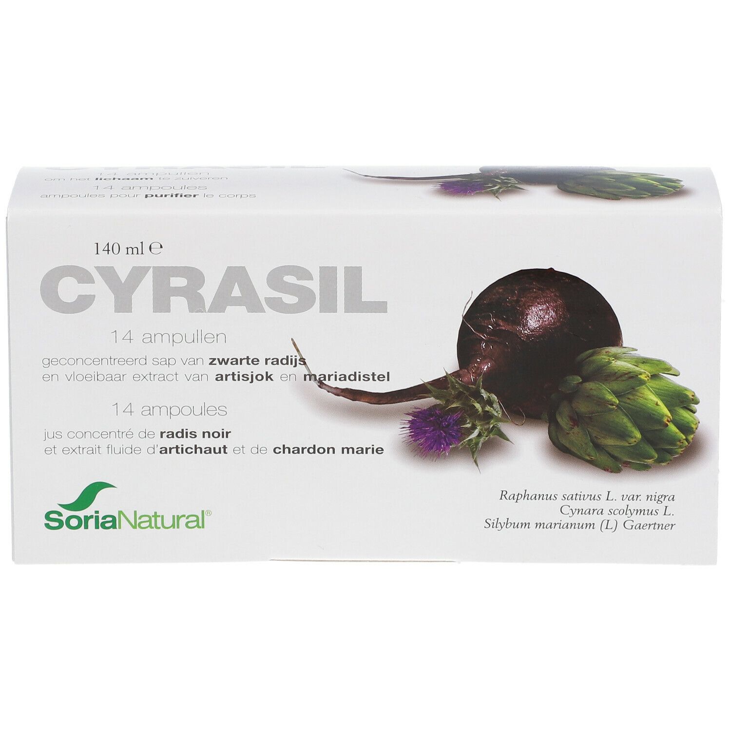 Boîte de Cyrasil avec 14 ampoules. Illustration de radis noir, artichaut et chardon-marie.