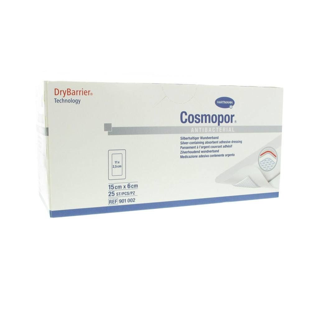 Boîte de pansements Cosmopor Antibacterial. Dimensions 15x6cm. Contient 25 pièces. Technologie DryBarrier.