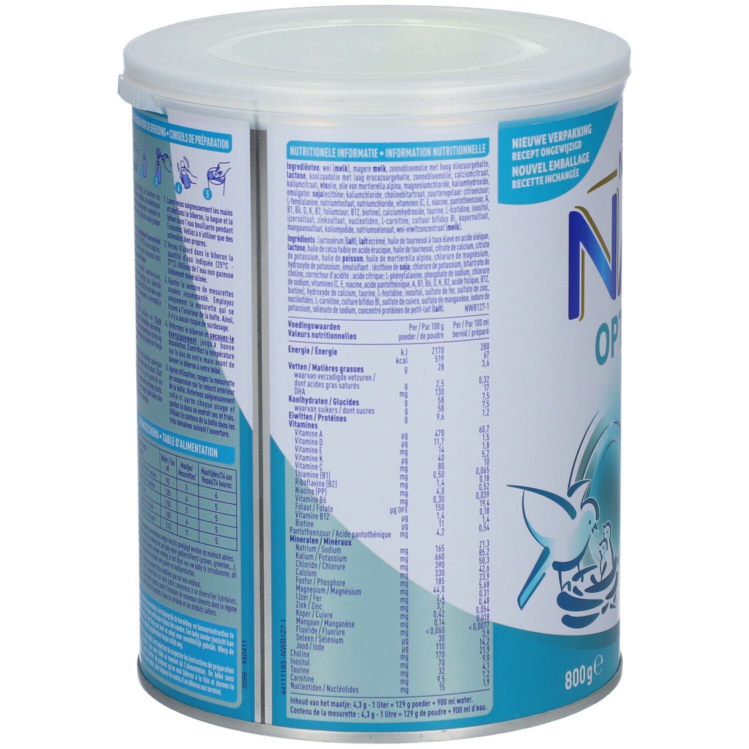 Dos de la boîte de lait en poudre Nestlé NAN OPTIPRO 1. Contient des informations nutritionnelles et du texte. 800g.