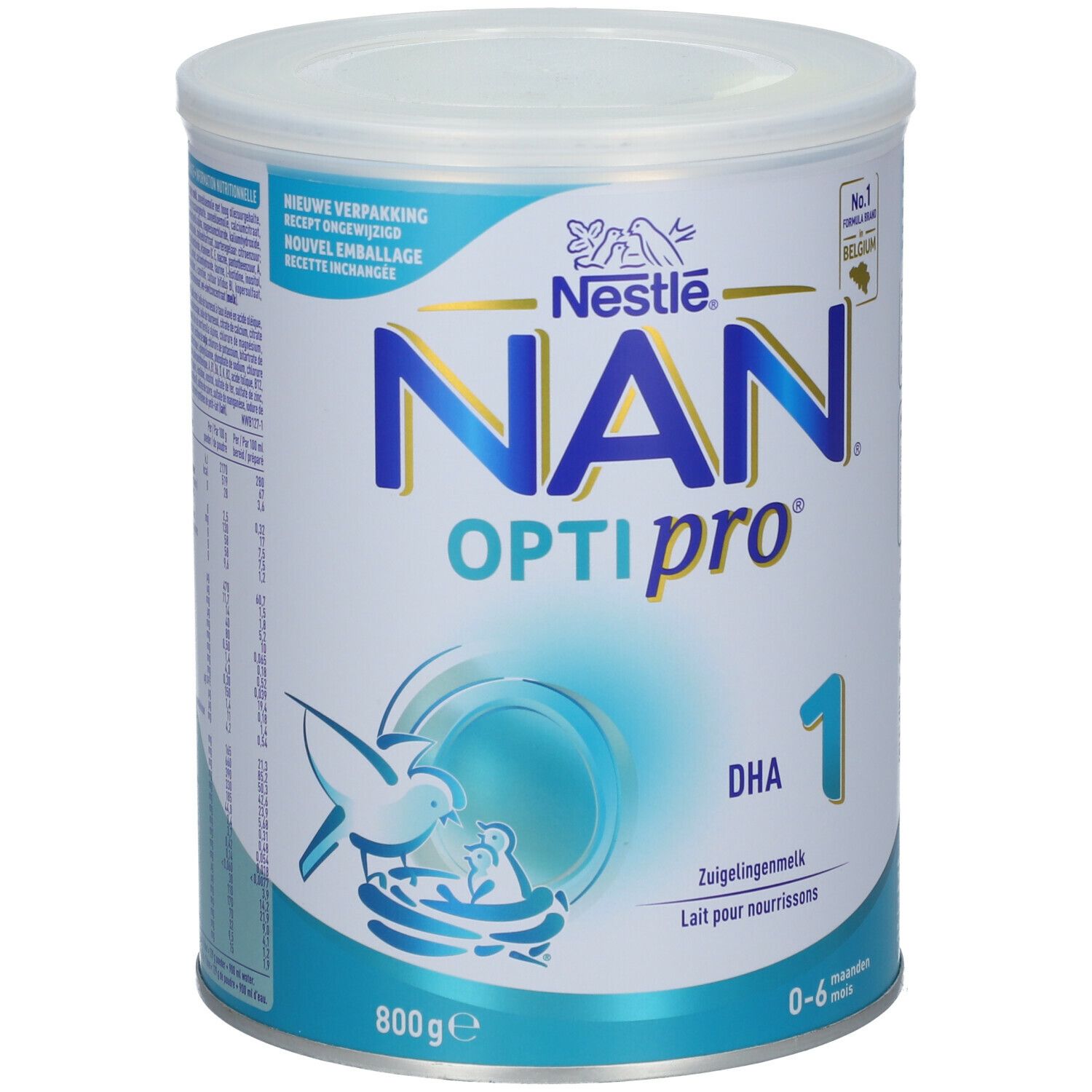 Boîte de lait en poudre Nestlé NAN OPTIPRO 1. Design blanc et bleu. 800g. Avec DHA. Pour nourrissons 0-6 mois.