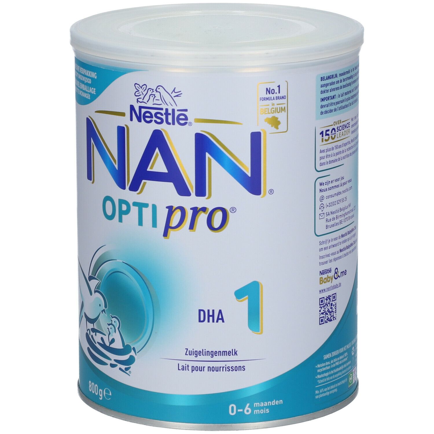 Boîte de lait en poudre Nestlé NAN OPTIPRO 1. Design blanc et bleu. 800g. Avec DHA. Pour nourrissons 0-6 mois.