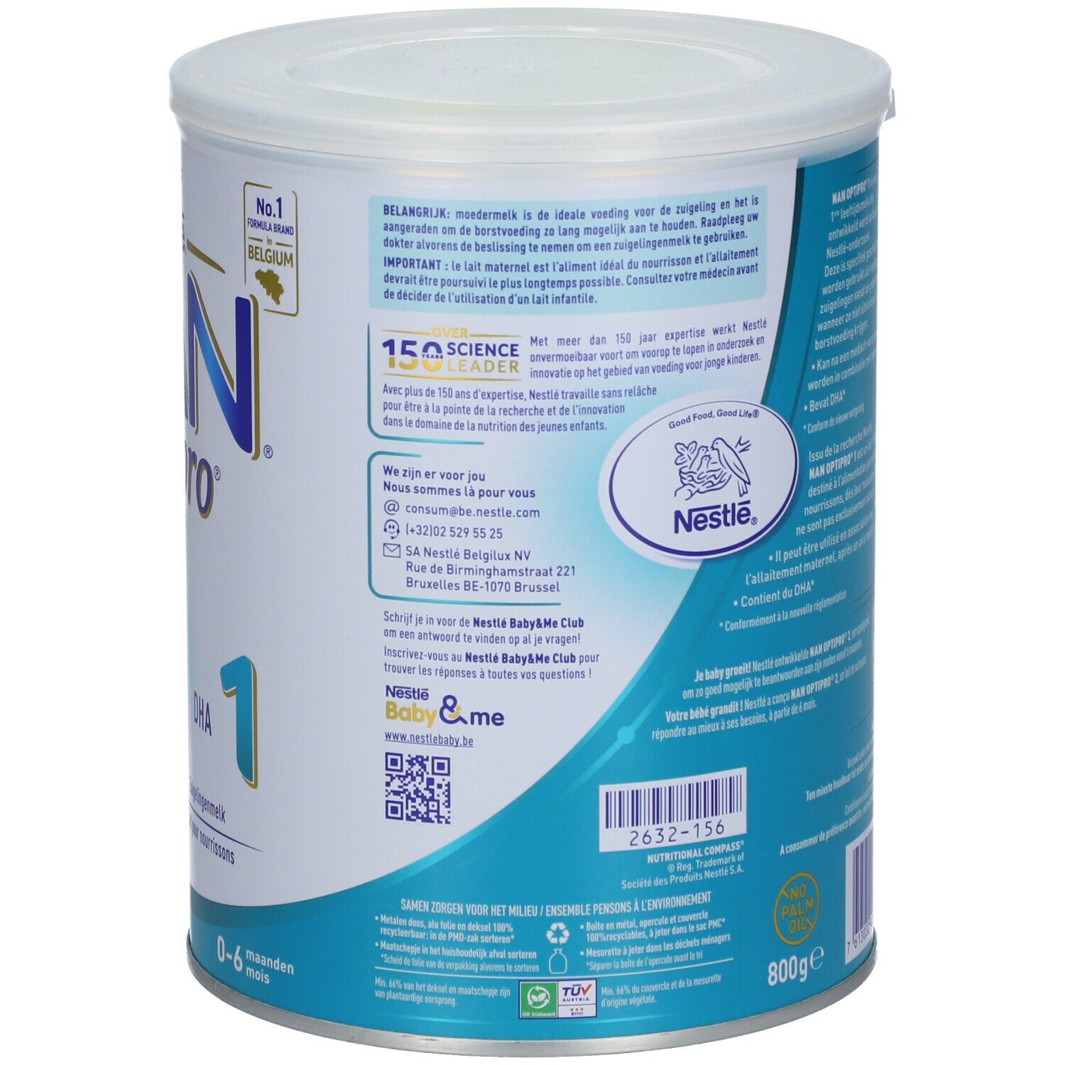 Dos de la boîte de lait en poudre Nestlé NAN OPTIPRO 1. Contient du texte, un QR code et un logo. 800g. Pour 0-6 mois.