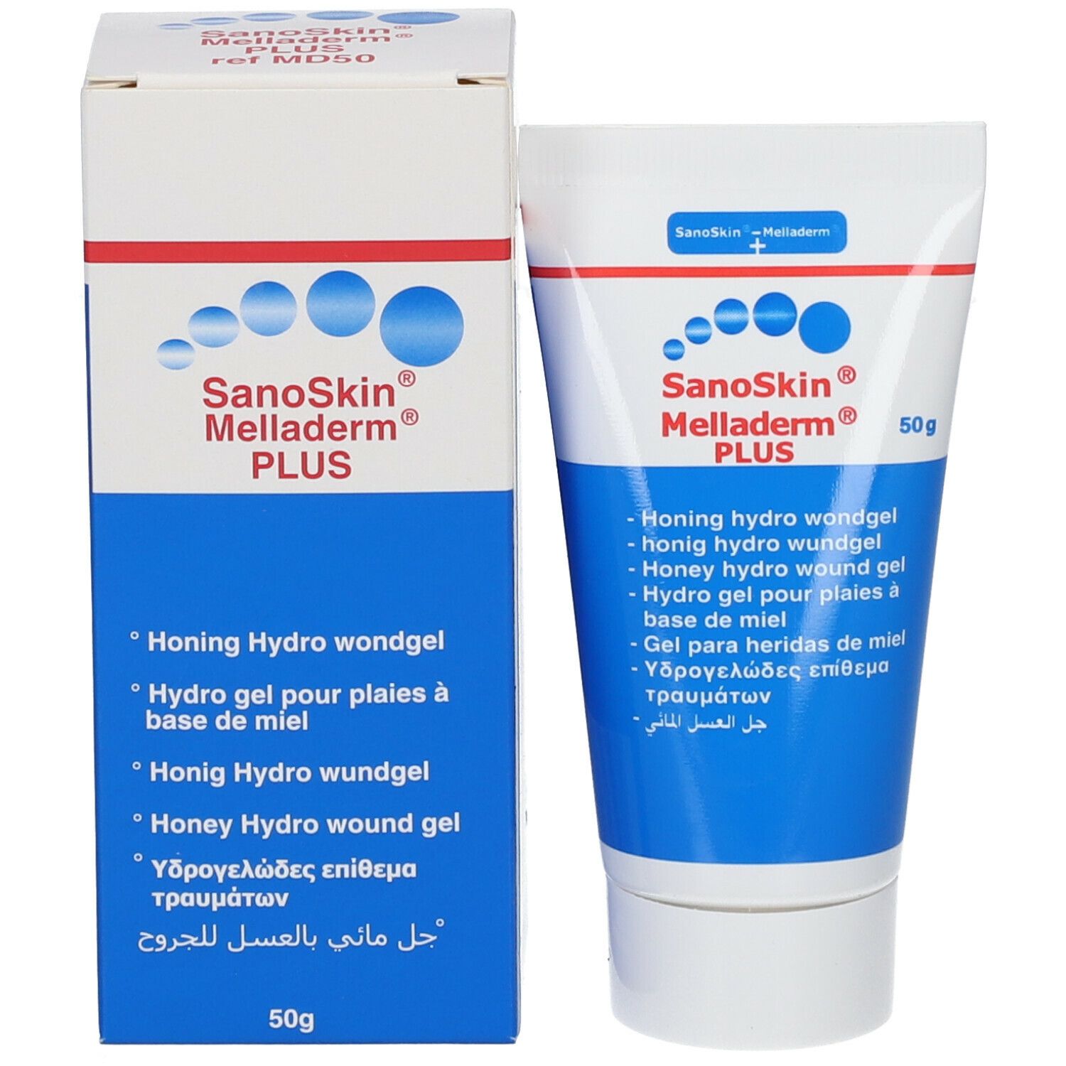Produktverpackung mit Tube und Karton. Karton mit Produktnamen und Inhaltsangaben. Tube: SanoSkin Melladerm PLUS, 50g.