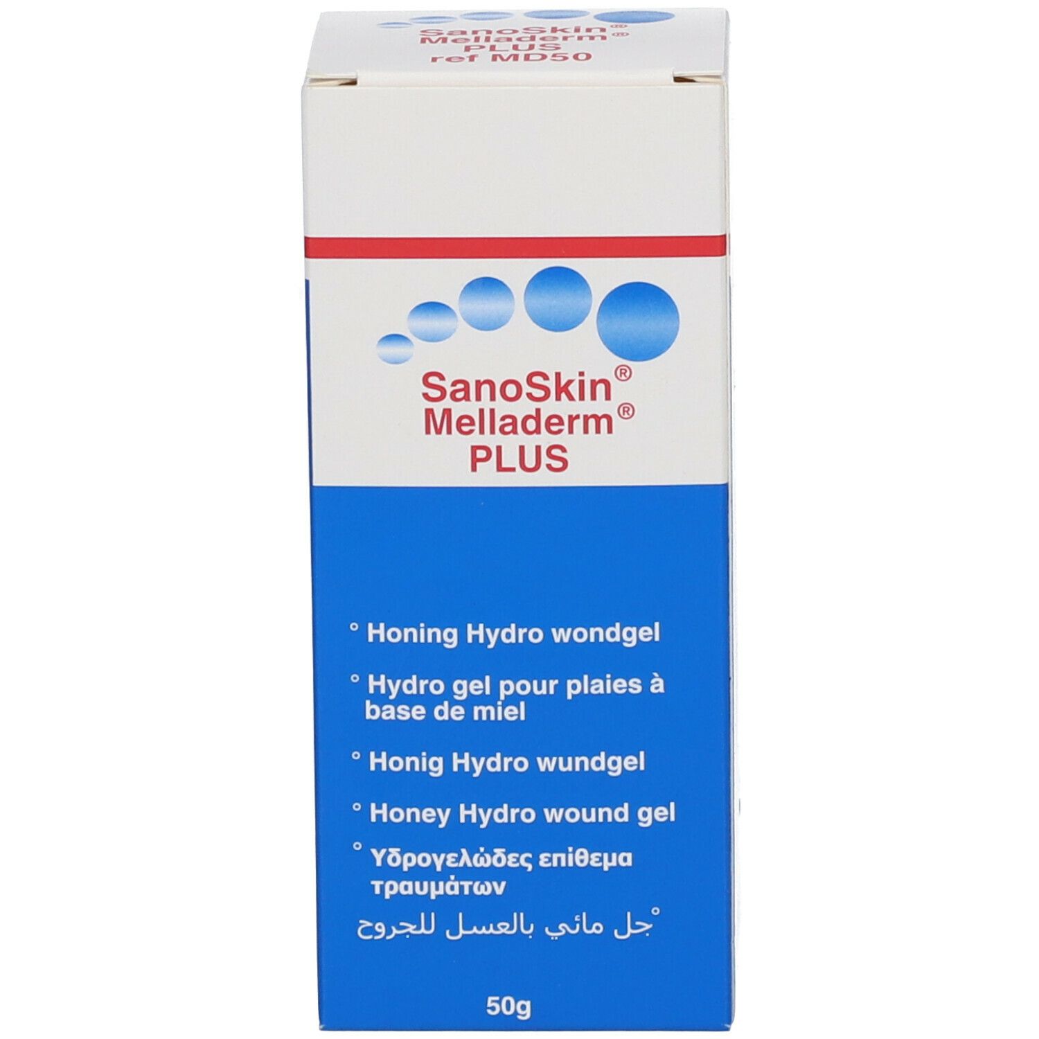 Kartonverpackung mit Produktnamen und Inhaltsangaben. Text: Honig Hydro Wundgel. Marke: SanoSkin Melladerm PLUS, 50g.