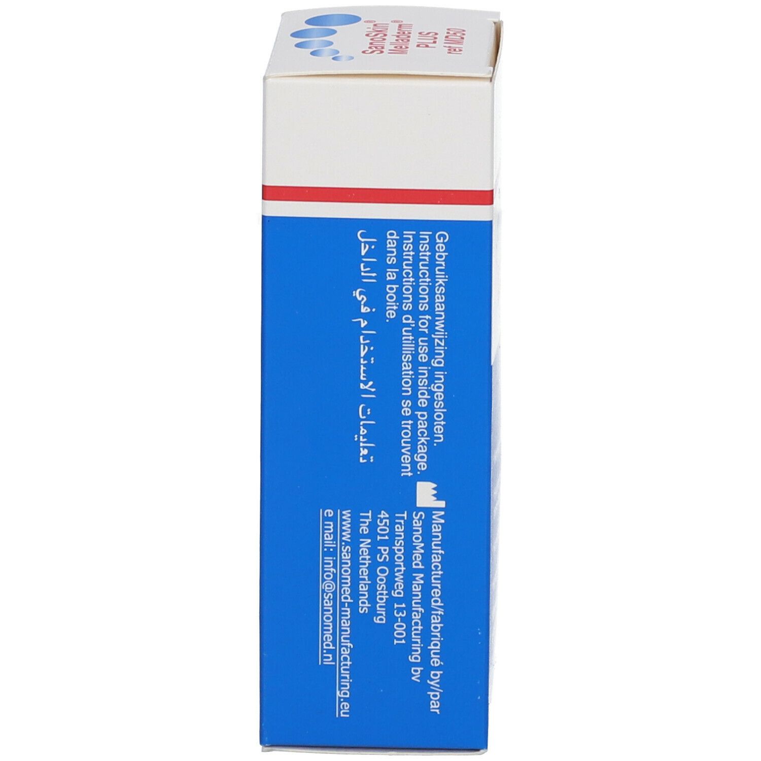 Seitenansicht der Kartonverpackung. Text: Gebrauchsanweisung in der Packung. Herstellerinformationen.