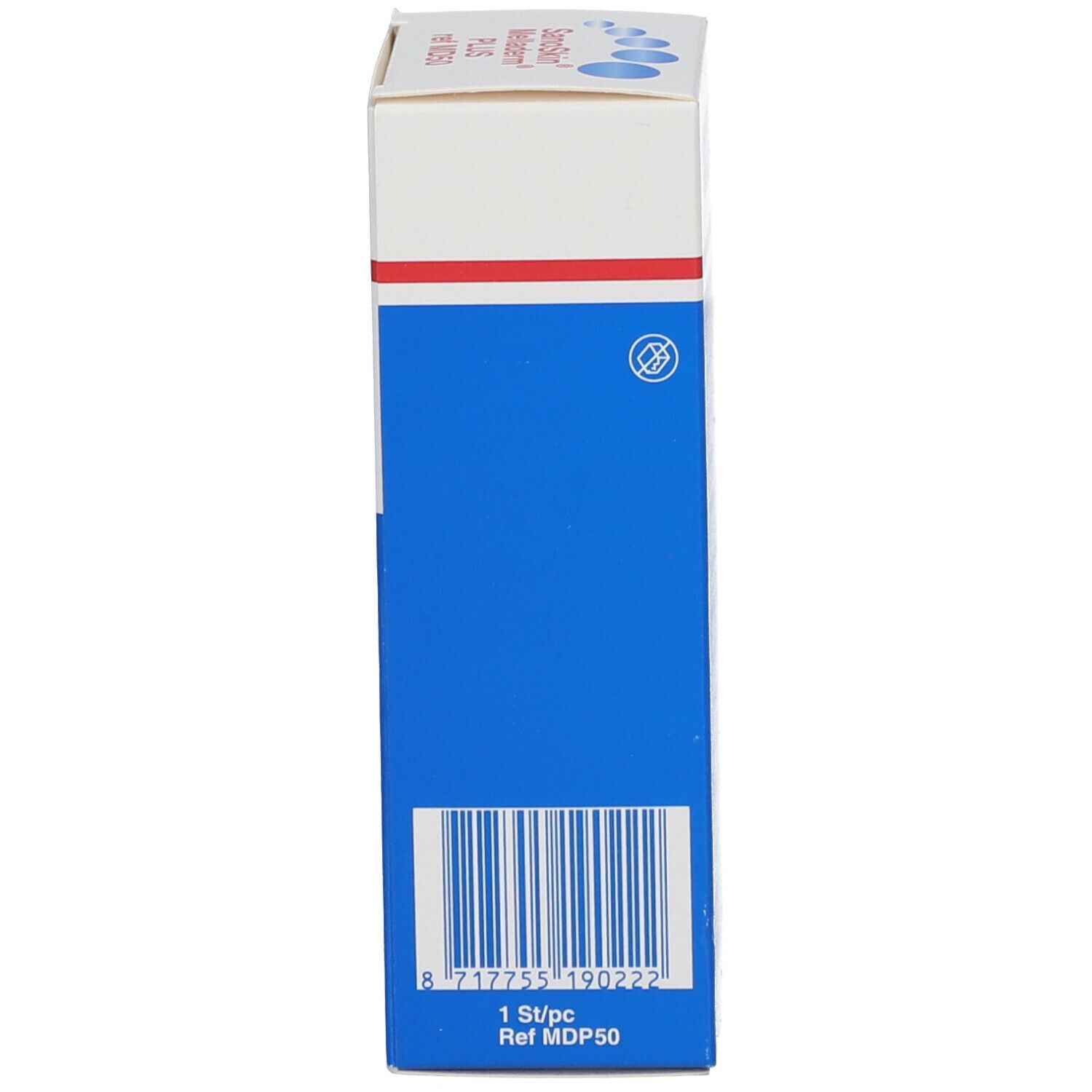 Seitenansicht der Kartonverpackung mit Barcode, 1 St/pc und Ref. MDP50.