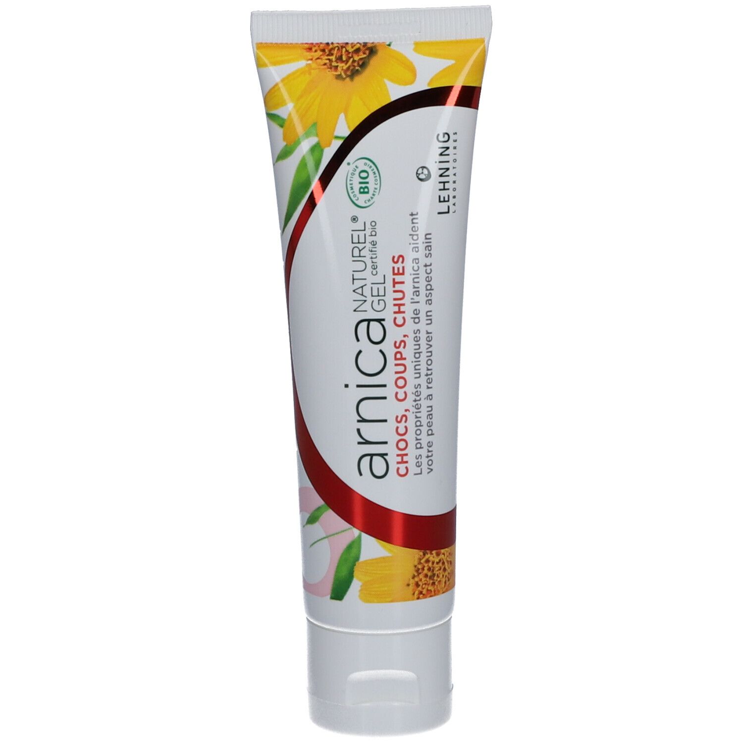 Tube de gel Arnica Naturel. Tube avec fleurs jaunes et feuilles vertes. Marque Lehning.