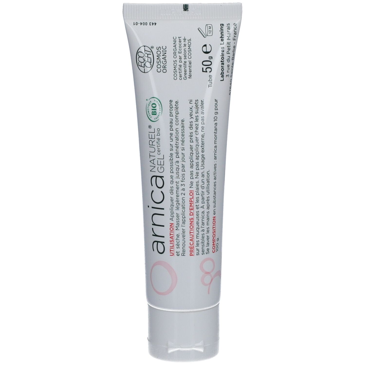 Tube de gel Arnica Naturel. Tube blanc avec texte et fleurs jaunes. Marque Lehning. Certification bio.