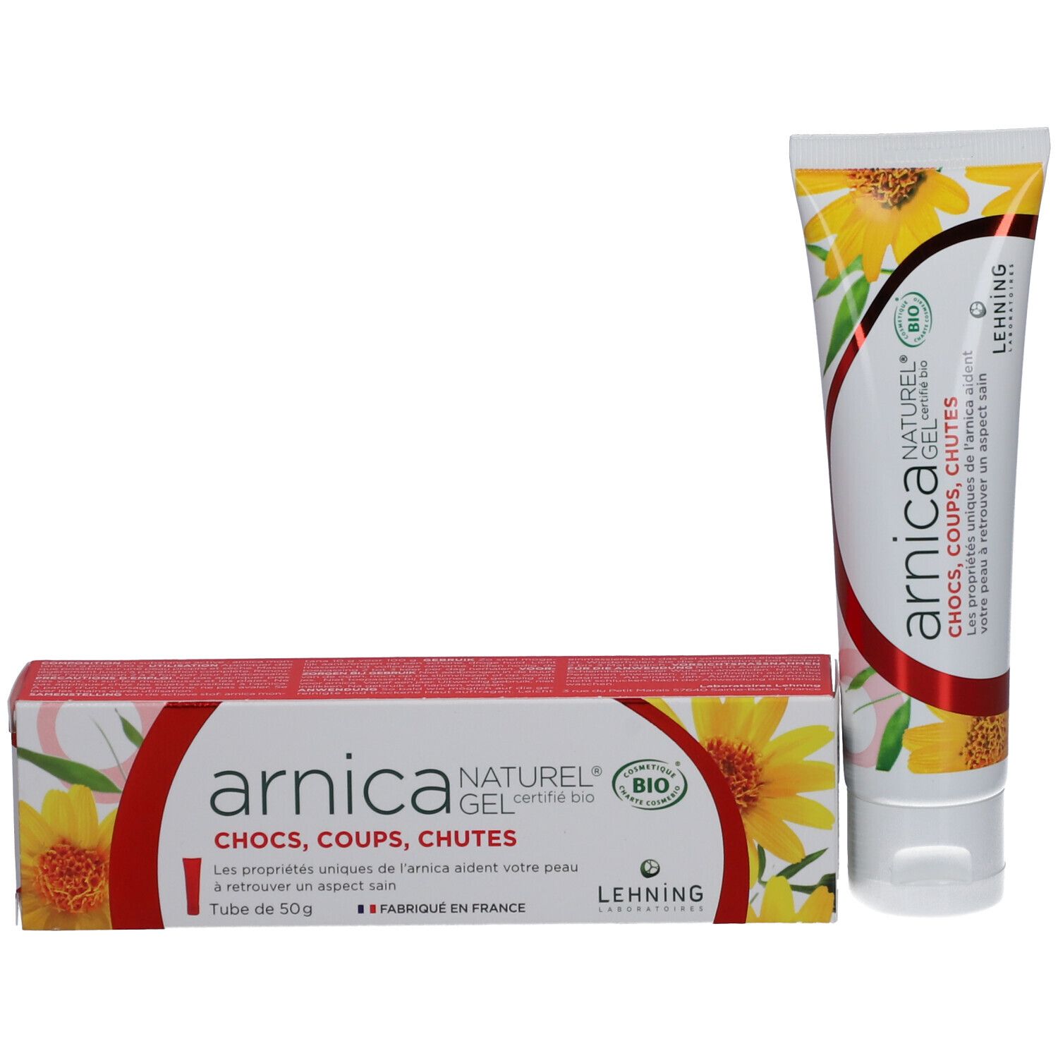 Tube et emballage de gel Arnica Naturel. Tube et boîte avec fleurs jaunes. Marque Lehning. Bio.