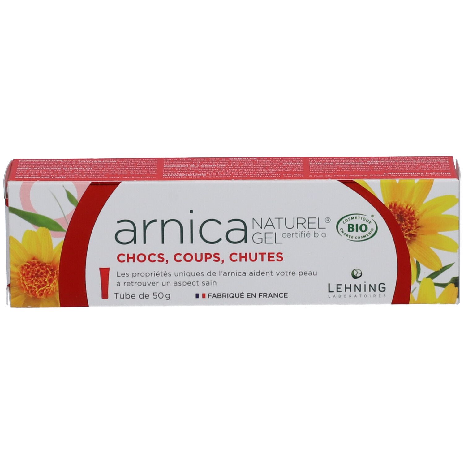 Boîte de gel Arnica Naturel. Boîte rouge et blanche avec texte et fleurs jaunes. Marque Lehning. Bio.