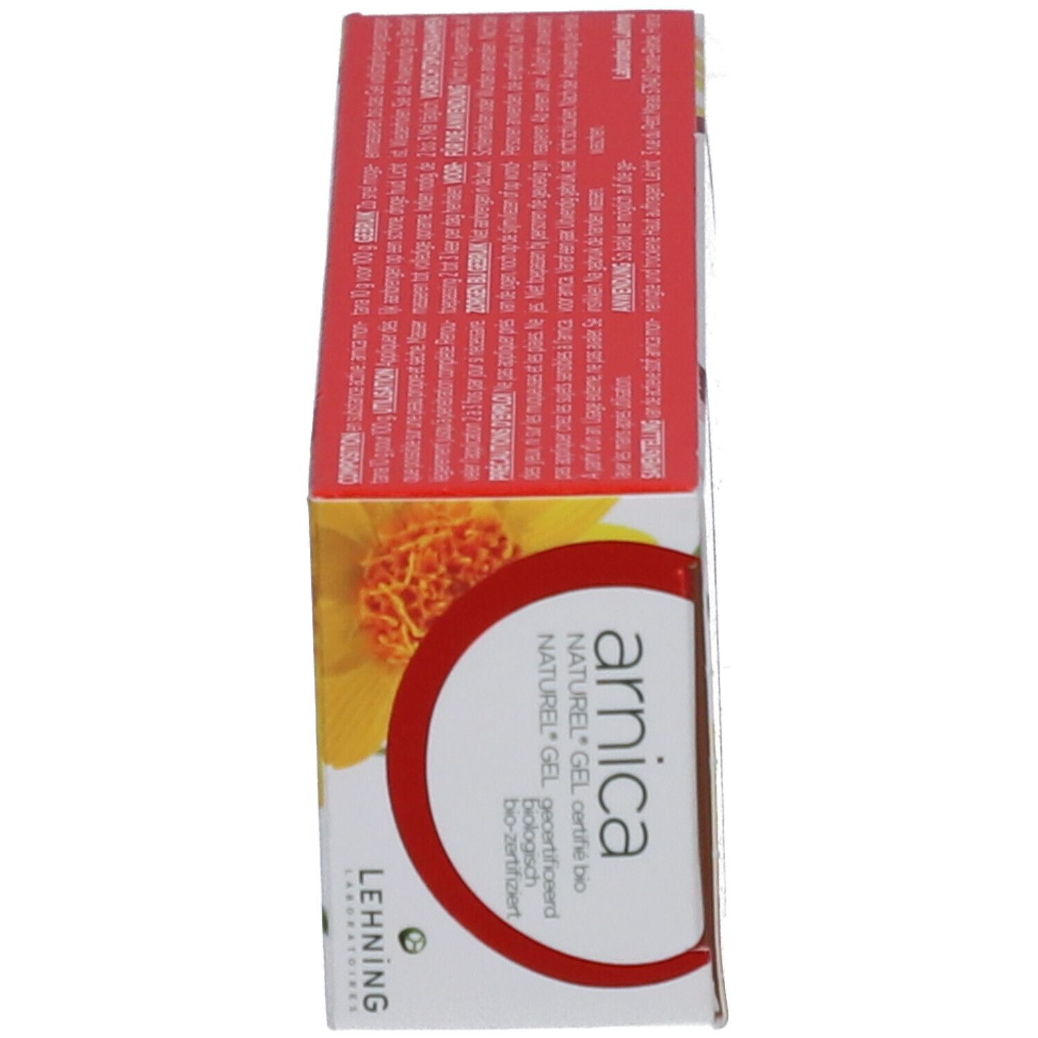 Boîte de gel Arnica Naturel. Vue latérale de la boîte. Texte et fleurs jaunes. Marque Lehning. Bio.