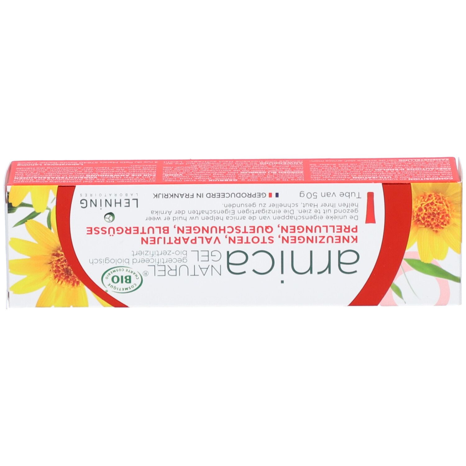 Boîte de gel Arnica Naturel. Dessus de la boîte. Texte et fleurs jaunes. Marque Lehning. Bio.