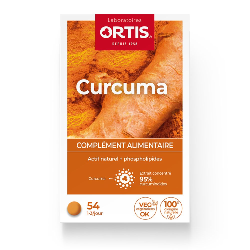 Emballage rectangulaire "Ortis Curcuma". Fond orange. Contient 54 comprimés. Inscriptions : "Complément alimentaire", "Actif naturel + phospholipides".