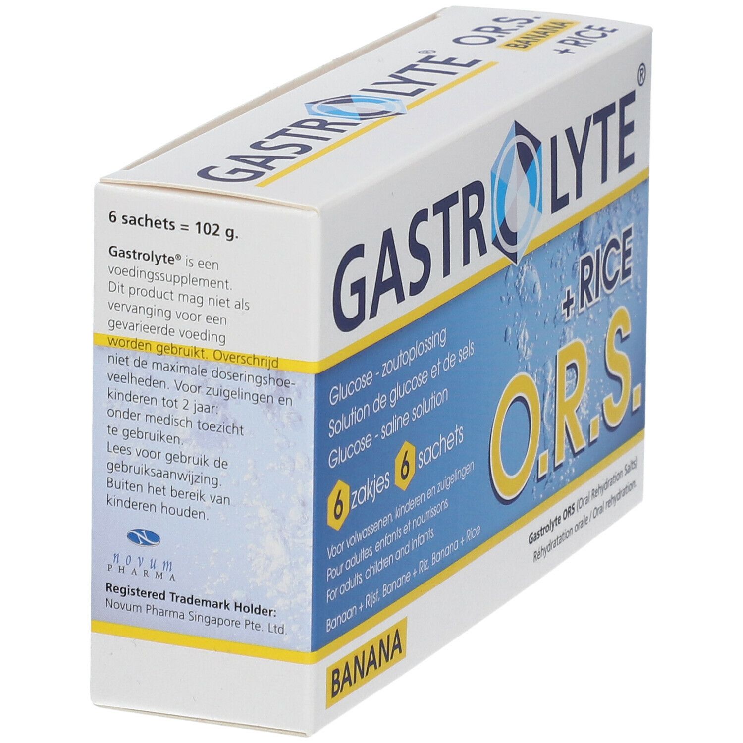 Kartonverpackung von Gastrolyte O.R.S. Banana + Rice. Enthält 6 Beutel. Text mit Produktinformationen und Warnhinweisen.