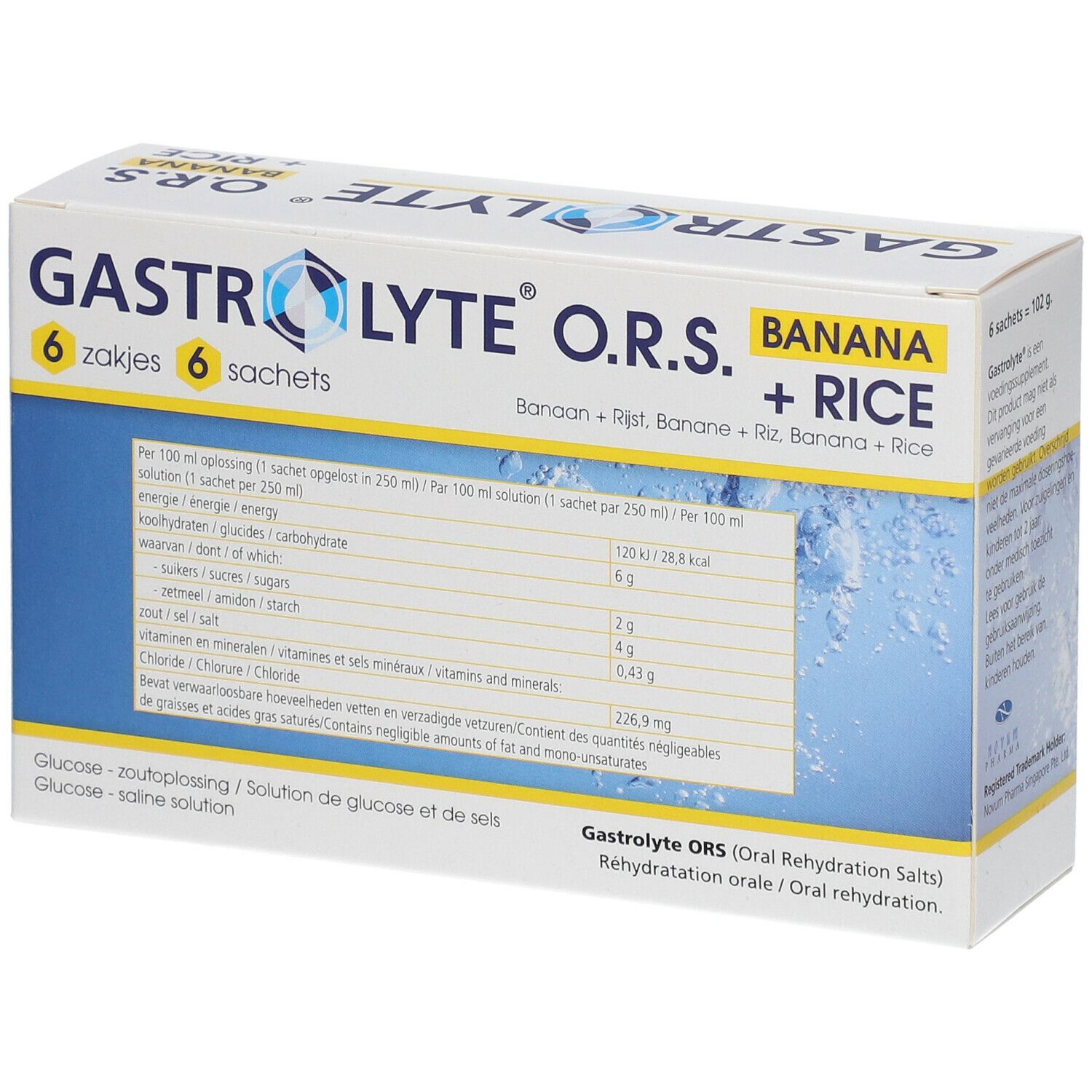 Kartonverpackung von Gastrolyte O.R.S. Banana + Rice. Enthält 6 Beutel. Nährwertangaben auf der Verpackung.