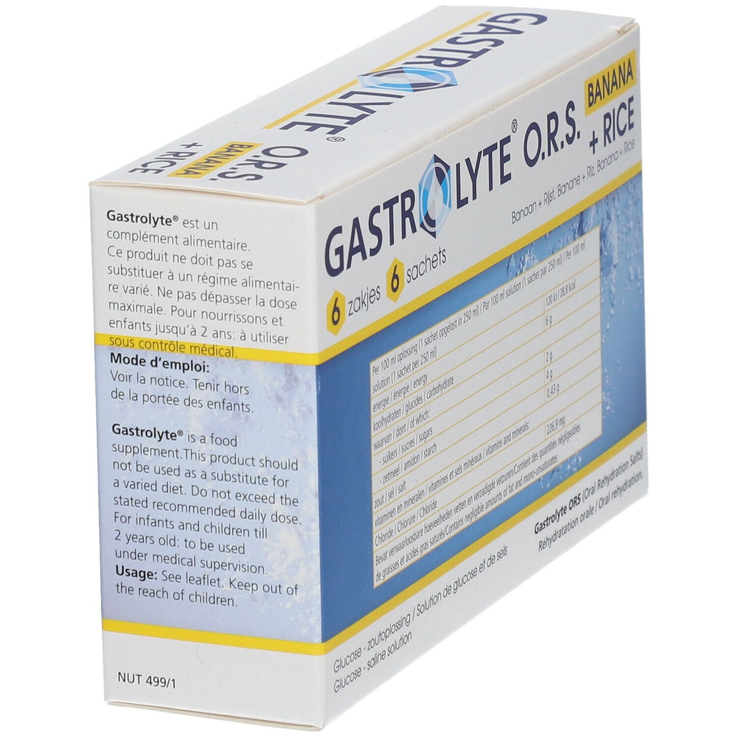 Kartonverpackung von Gastrolyte O.R.S. Banana + Rice. Enthält 6 Beutel. Text mit Produktinformationen und Gebrauchsanweisung.