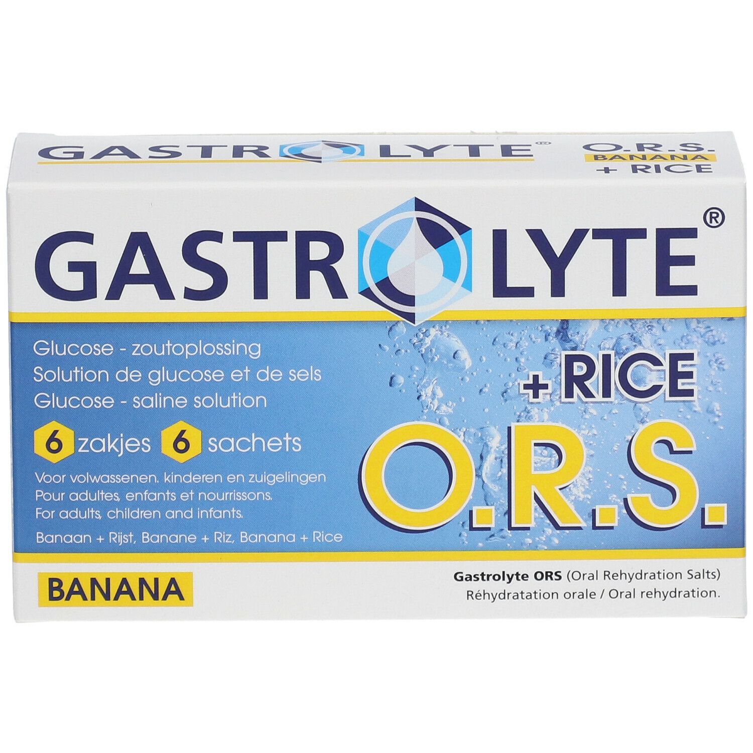Kartonverpackung von Gastrolyte O.R.S. Banana + Rice. Enthält 6 Beutel. Blaue und weiße Farbgebung mit Produktnamen.