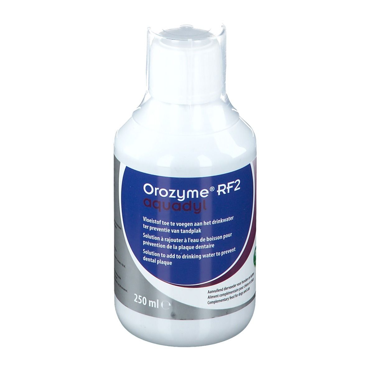 Weiße Flasche mit blauem Etikett. Aufschrift: Orozyme® RF2 aquadyl. 250 ml.