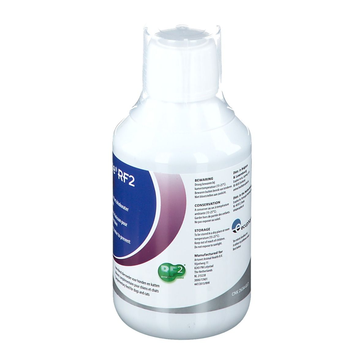 Weiße Flasche mit blauem und pinkfarbenem Etikett. Aufschrift und Informationen zur Aufbewahrung.