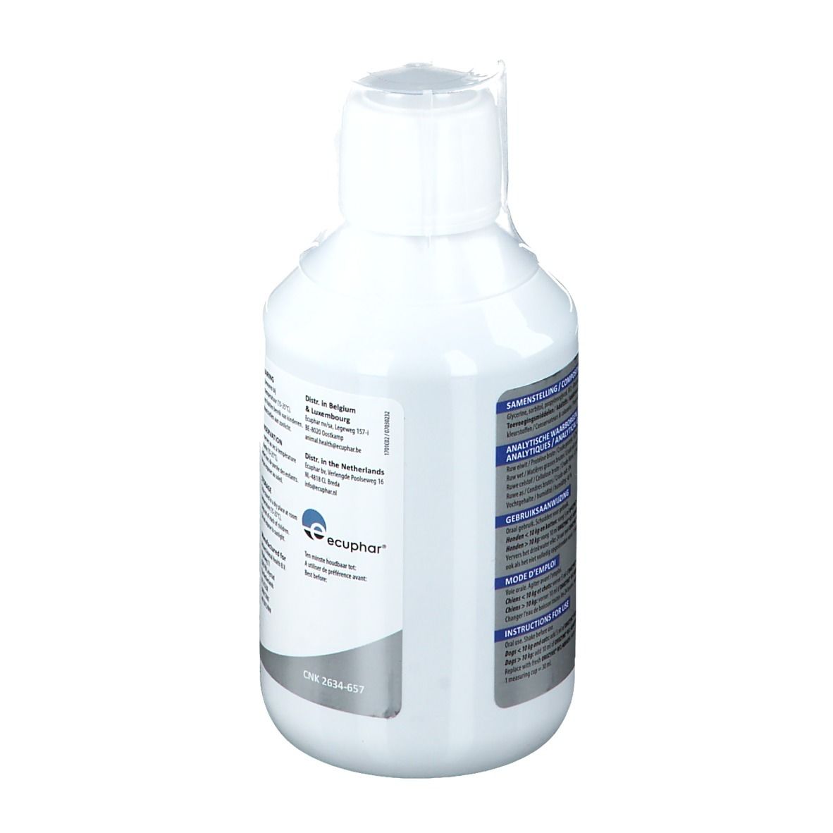 Weiße Flasche mit Etikett. Informationen zu Hersteller und Inhaltsstoffen.