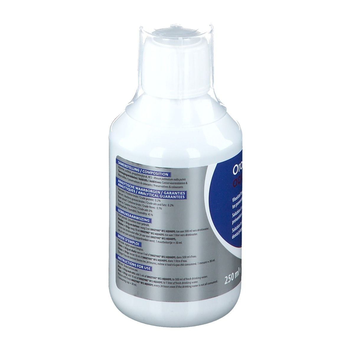 Weiße Flasche mit Etikett. Informationen zu Inhaltsstoffen und Anwendung.