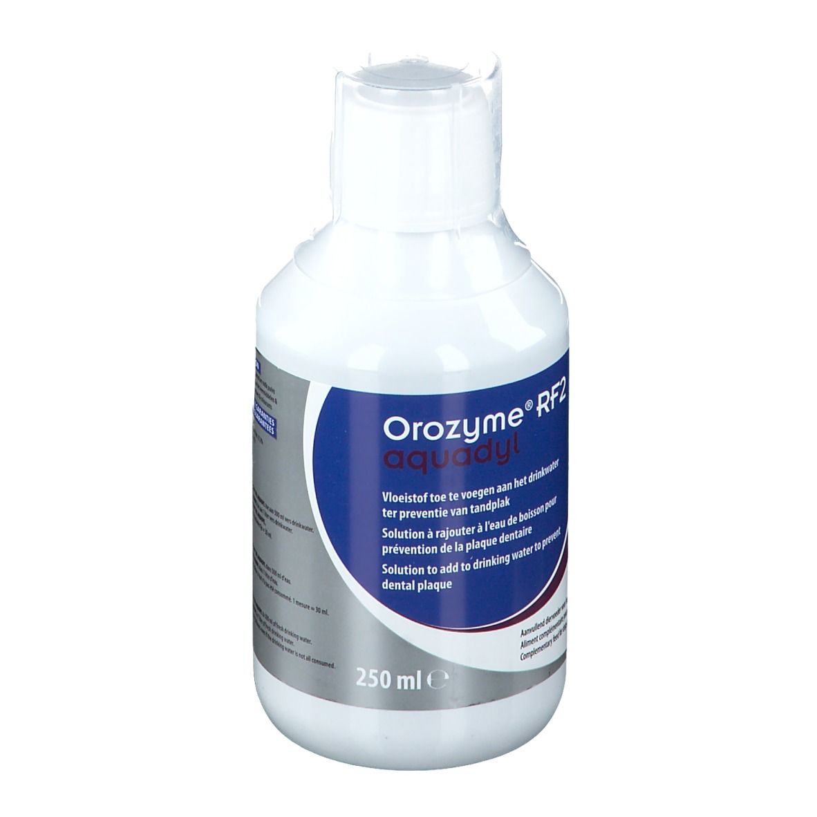 Weiße Flasche mit blauem Etikett. Aufschrift: Orozyme® RF2 aquadyl. 250 ml.