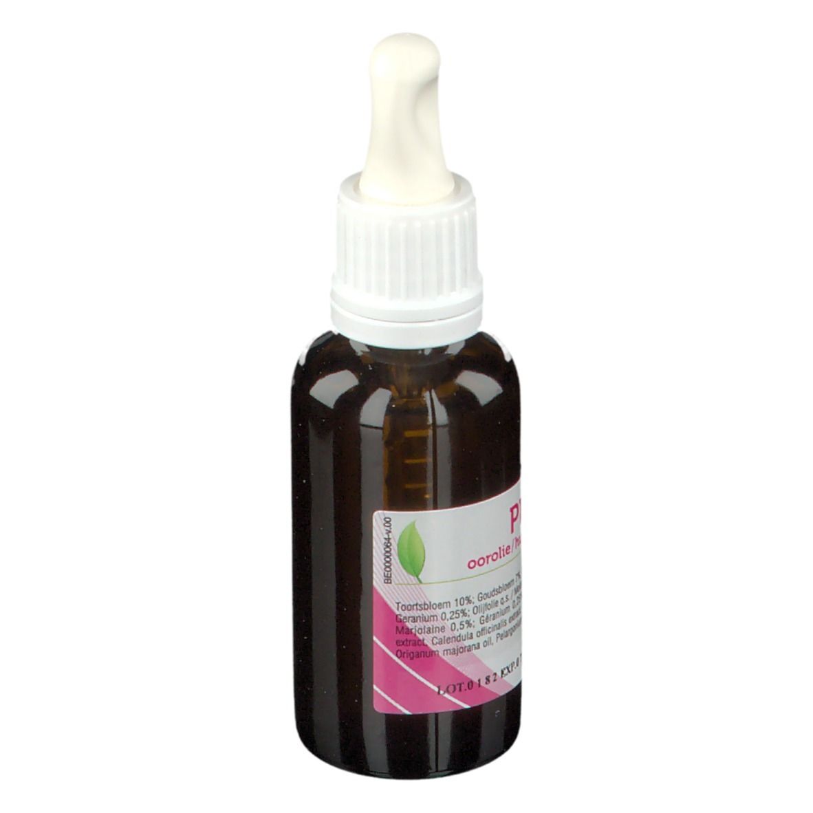 Bruine glazen fles met witte druppelaar. Etiket met naam en ingrediënten. Groen blad-logo. Roze accent.