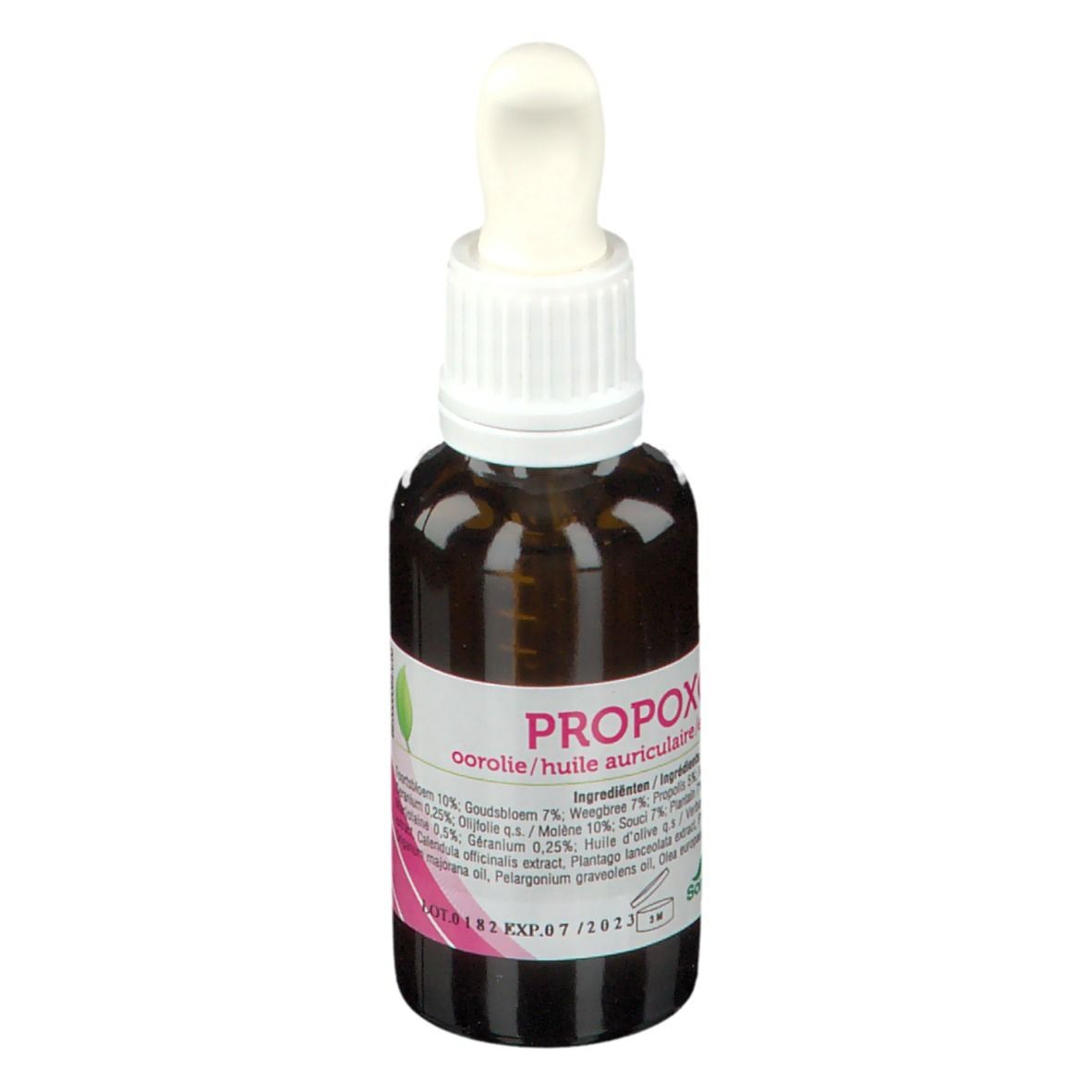 Bruine glazen fles met witte druppelaar. Etiket met naam en ingrediënten. Roze accent.