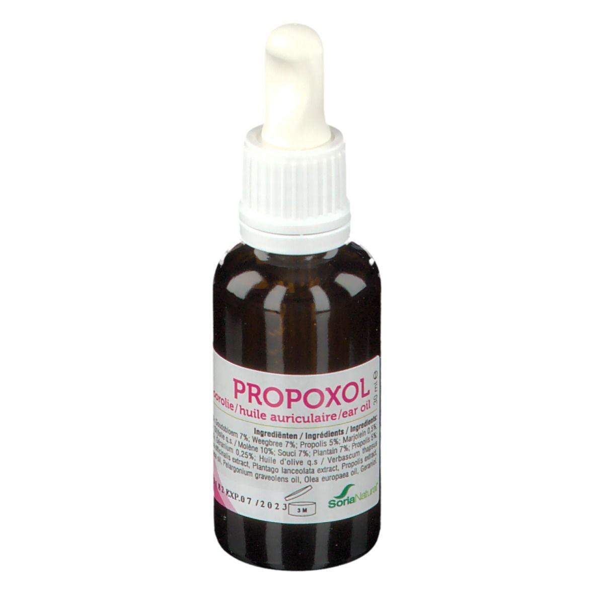 Bruine glazen fles met witte druppelaar. Etiket met naam en ingrediënten. Roze accent. Soria Natural logo.