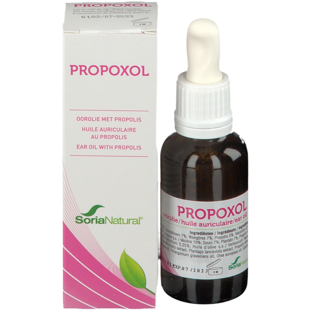 Bruine glazen fles met witte druppelaar en doos. Doos met productnaam, logo en ingrediënten. Roze accent.