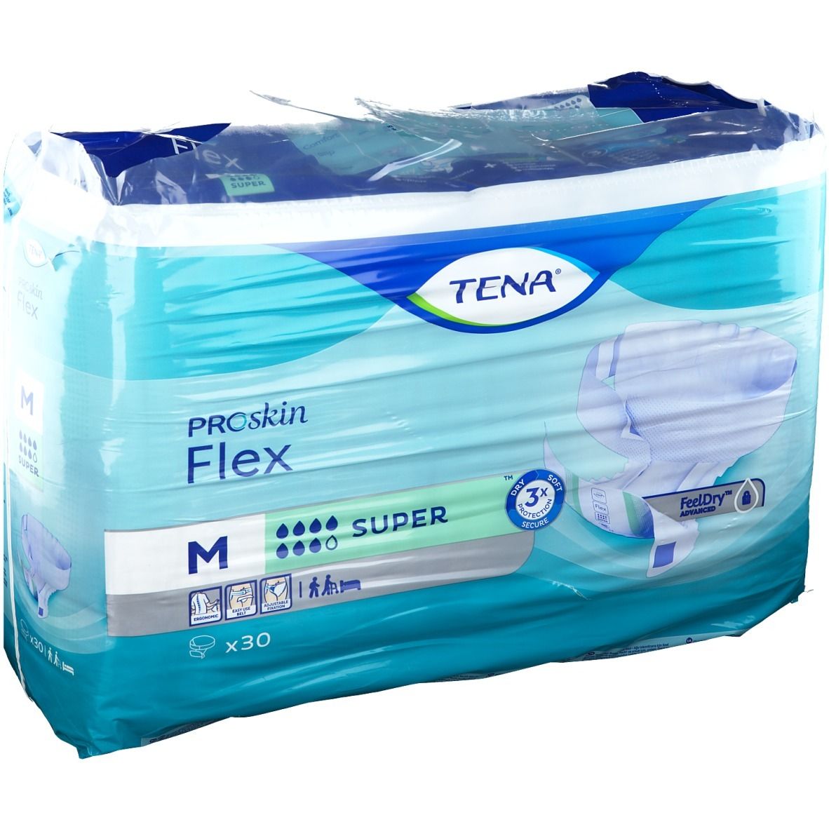Paquet de TENA ProSkin Flex Super M. Emballage bleu avec informations et logo. Taille M, 30 unités.