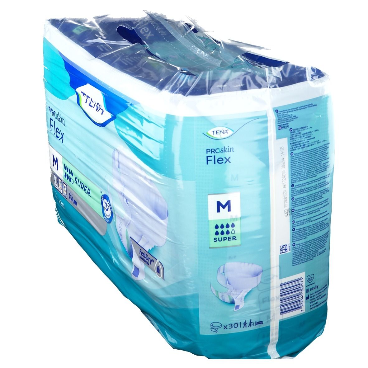 Paquet de TENA ProSkin Flex Super M, en biais. Emballage bleu. Logo et informations visibles. Taille M.
