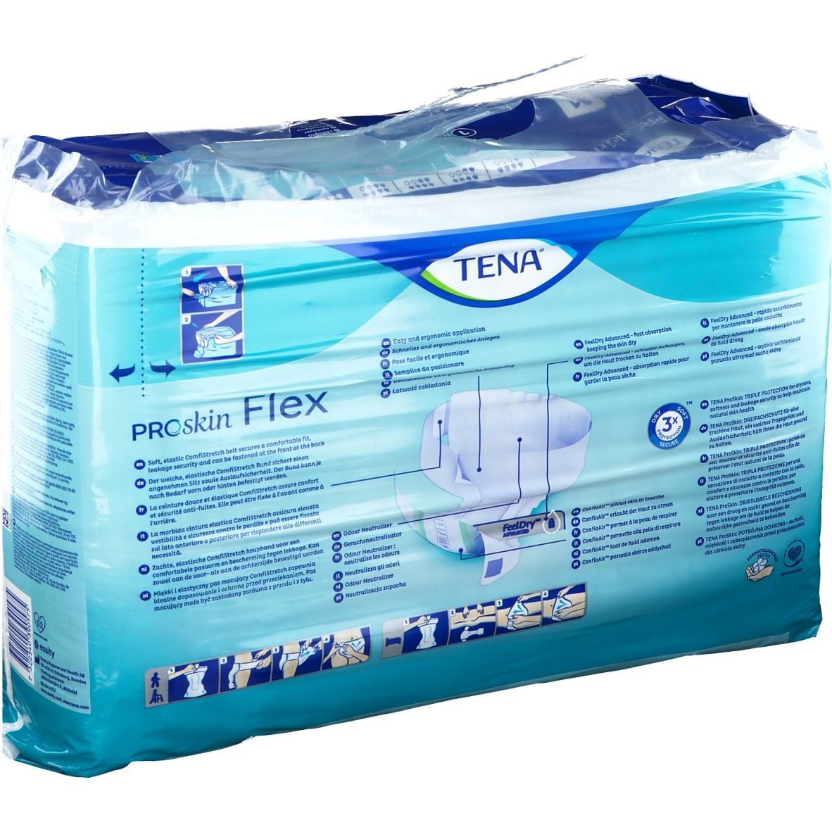 Paquet de TENA ProSkin Flex. Emballage bleu avec informations et illustrations. Dos avec texte.