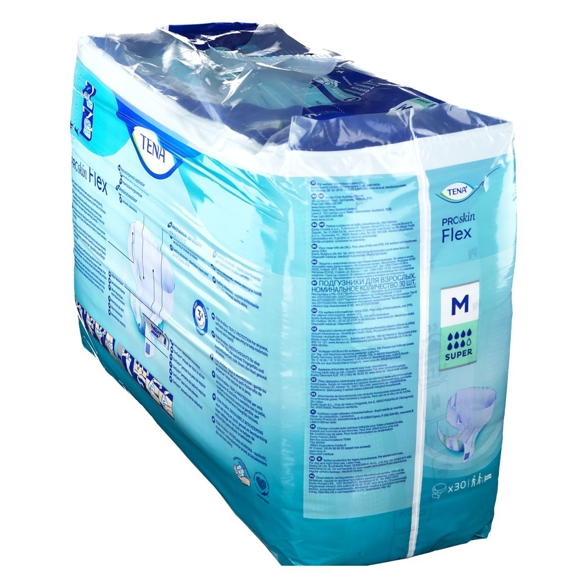 Paquet de TENA ProSkin Flex Super M, en biais. Emballage bleu. Logo et informations visibles. Taille M.
