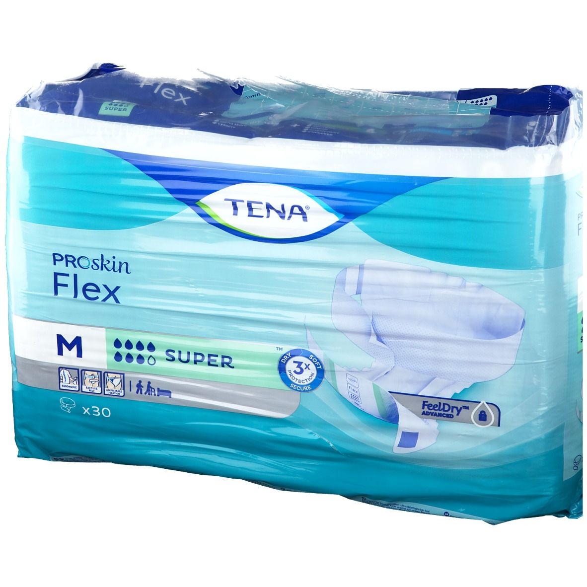Paquet de TENA ProSkin Flex Super M. Emballage bleu avec informations et logo. Taille M, x30.