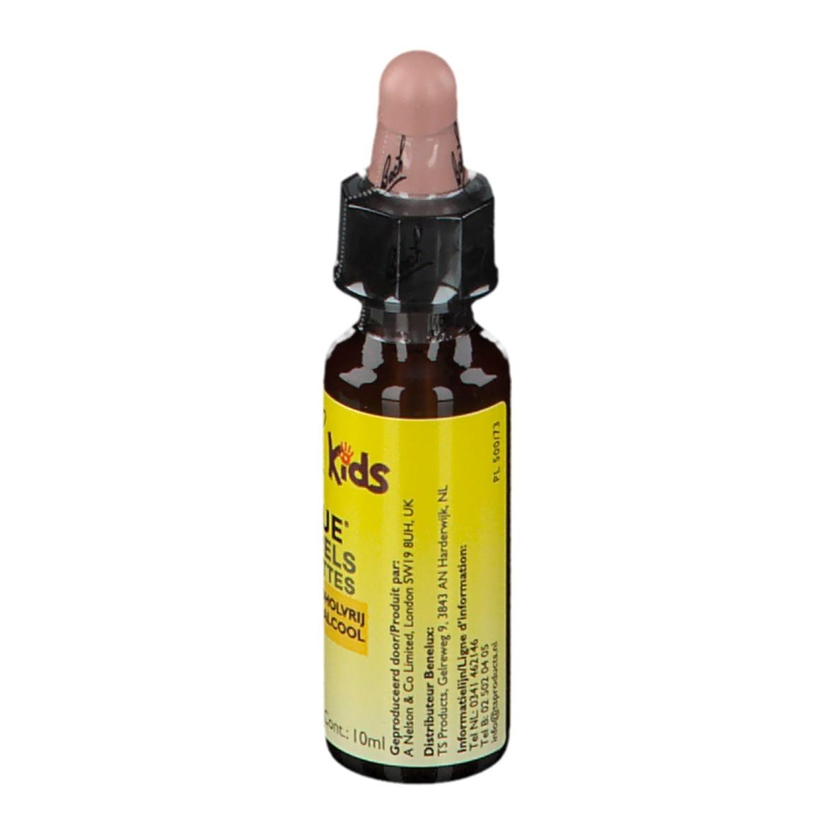 Bruine glazen fles met roze druppelaar. Geel etiket met tekst: Rescue Druppels, Alcoholvrij, Bach Kids. Fabrikantinformatie.