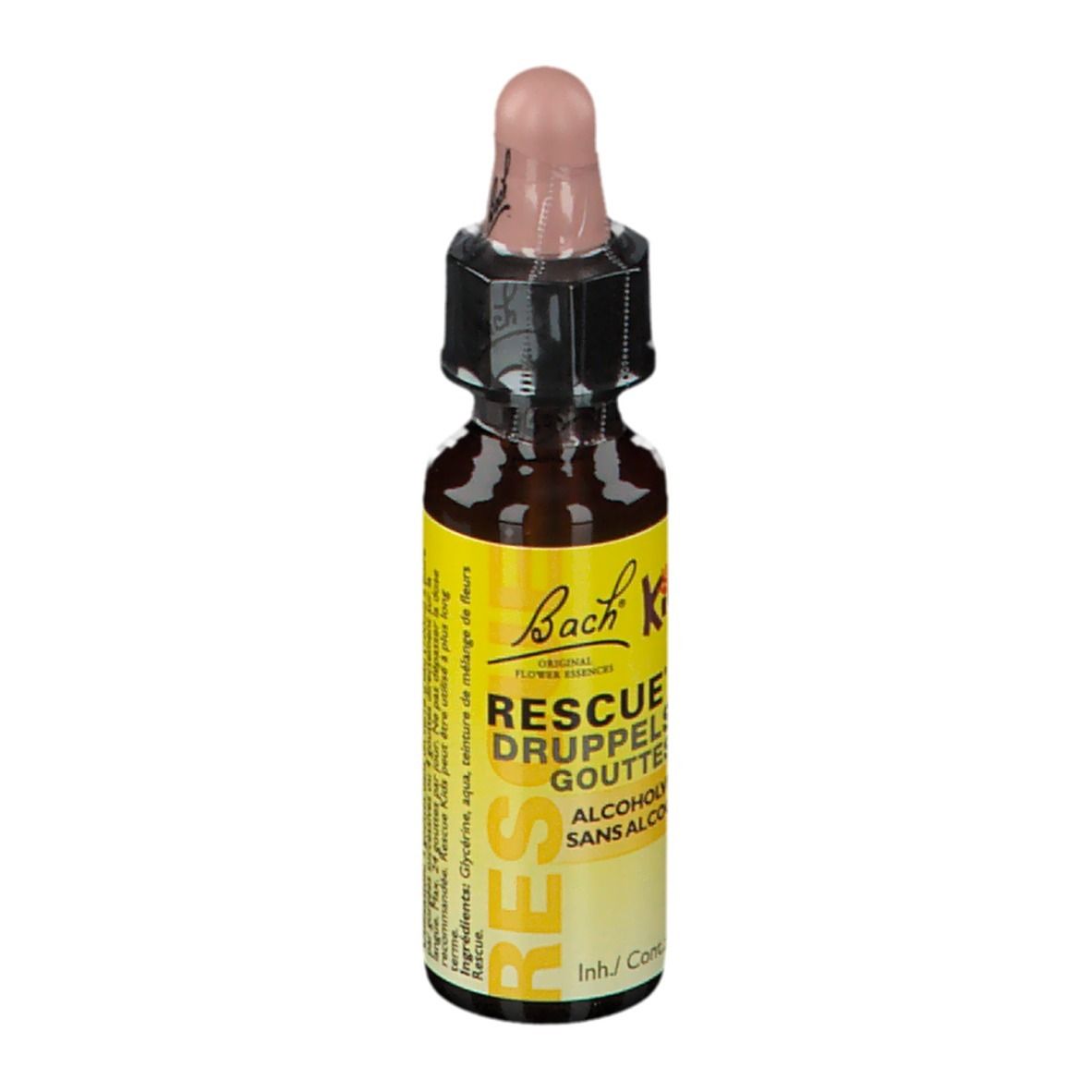 Bruine glazen fles met roze druppelaar. Geel etiket met tekst: Rescue Druppels, Alcoholvrij, Bach Kids.