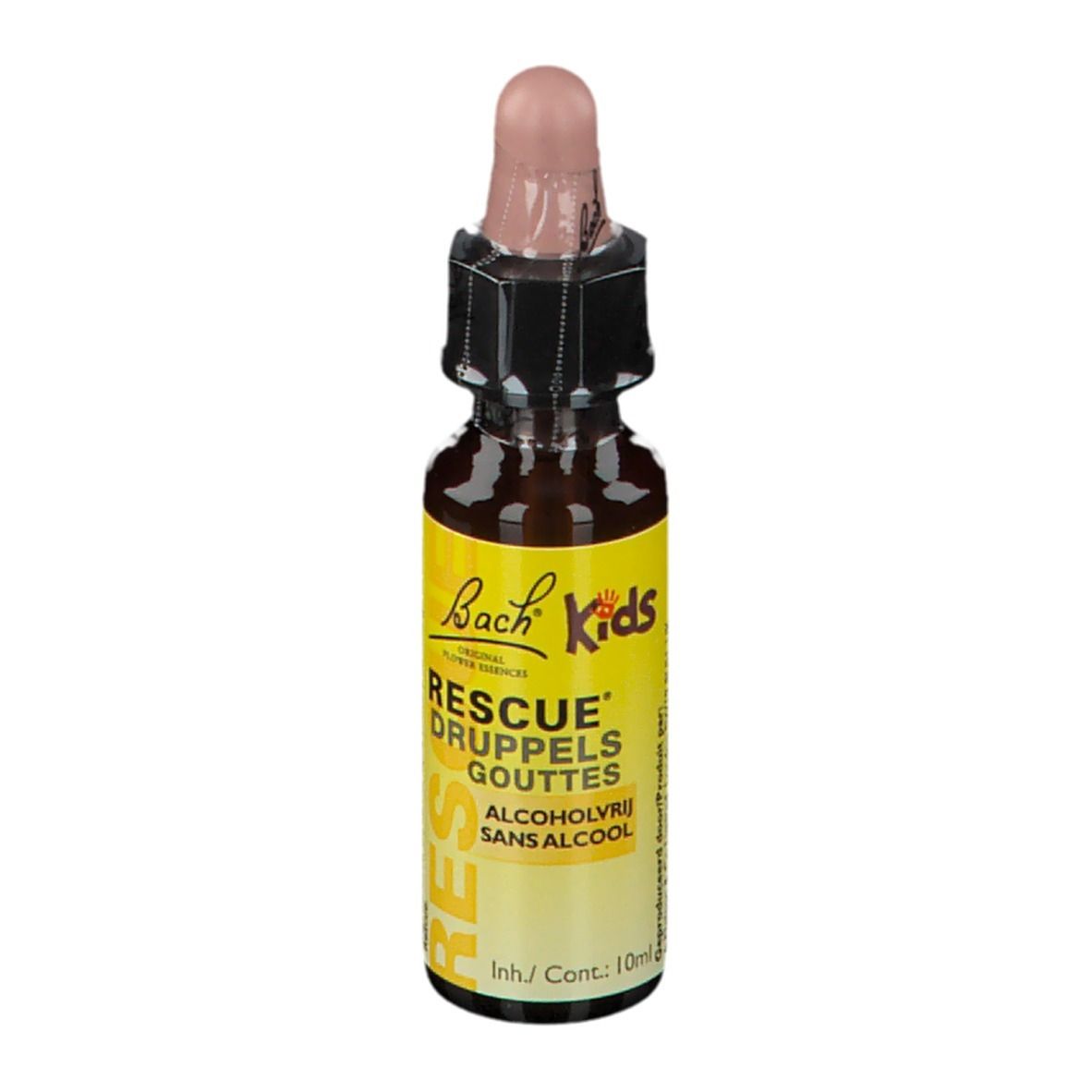 Bruine glazen fles met roze druppelaar. Geel etiket met tekst: Rescue Druppels, Alcoholvrij, Bach Kids.