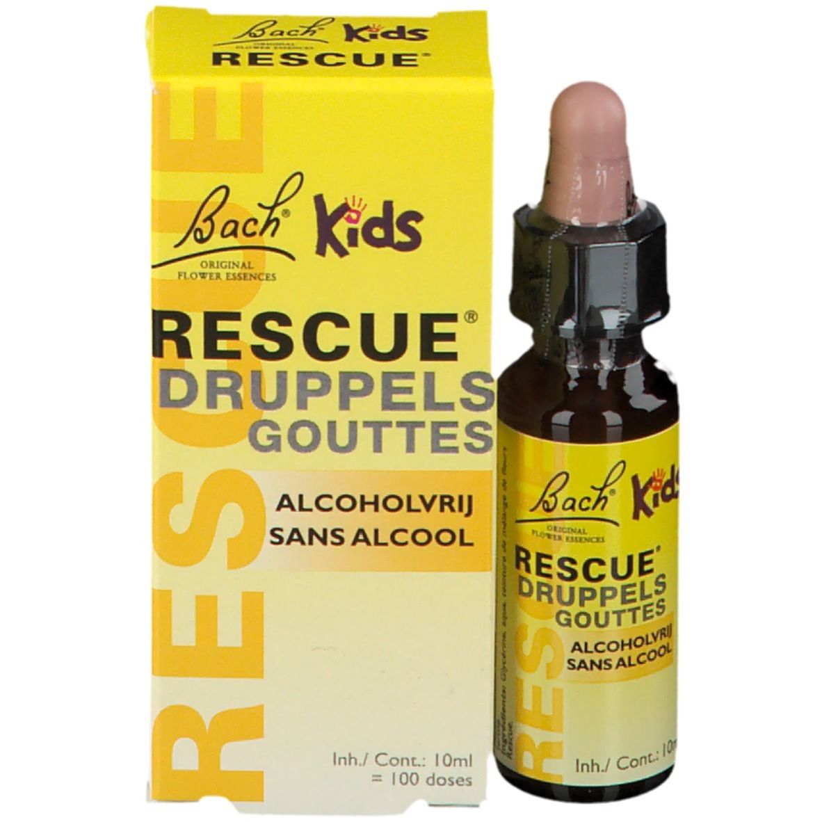Productverpakking en fles. Gele doos en bruine fles met roze druppelaar. Tekst: Rescue Druppels, Alcoholvrij, Bach Kids.