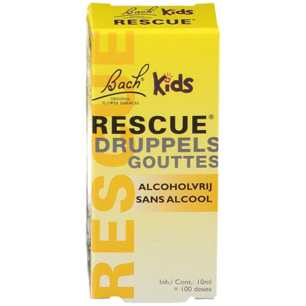 Gele productverpakking. Tekst: Rescue Druppels, Alcoholvrij, Bach Kids. Bevat 100 doses.